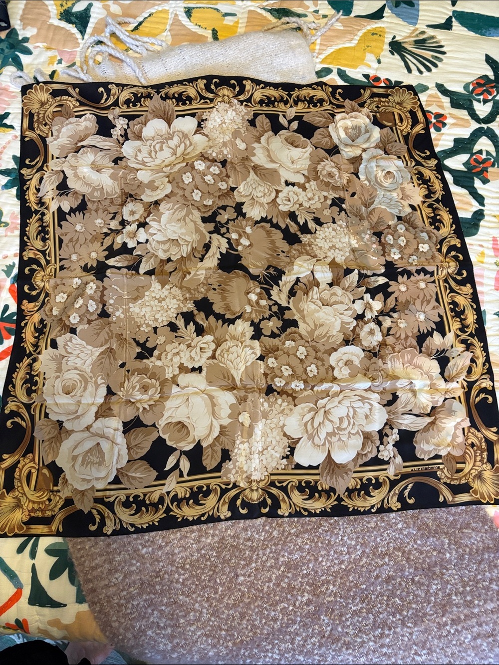 Liz Claiborne Black and Gold Floral Silk Scarf